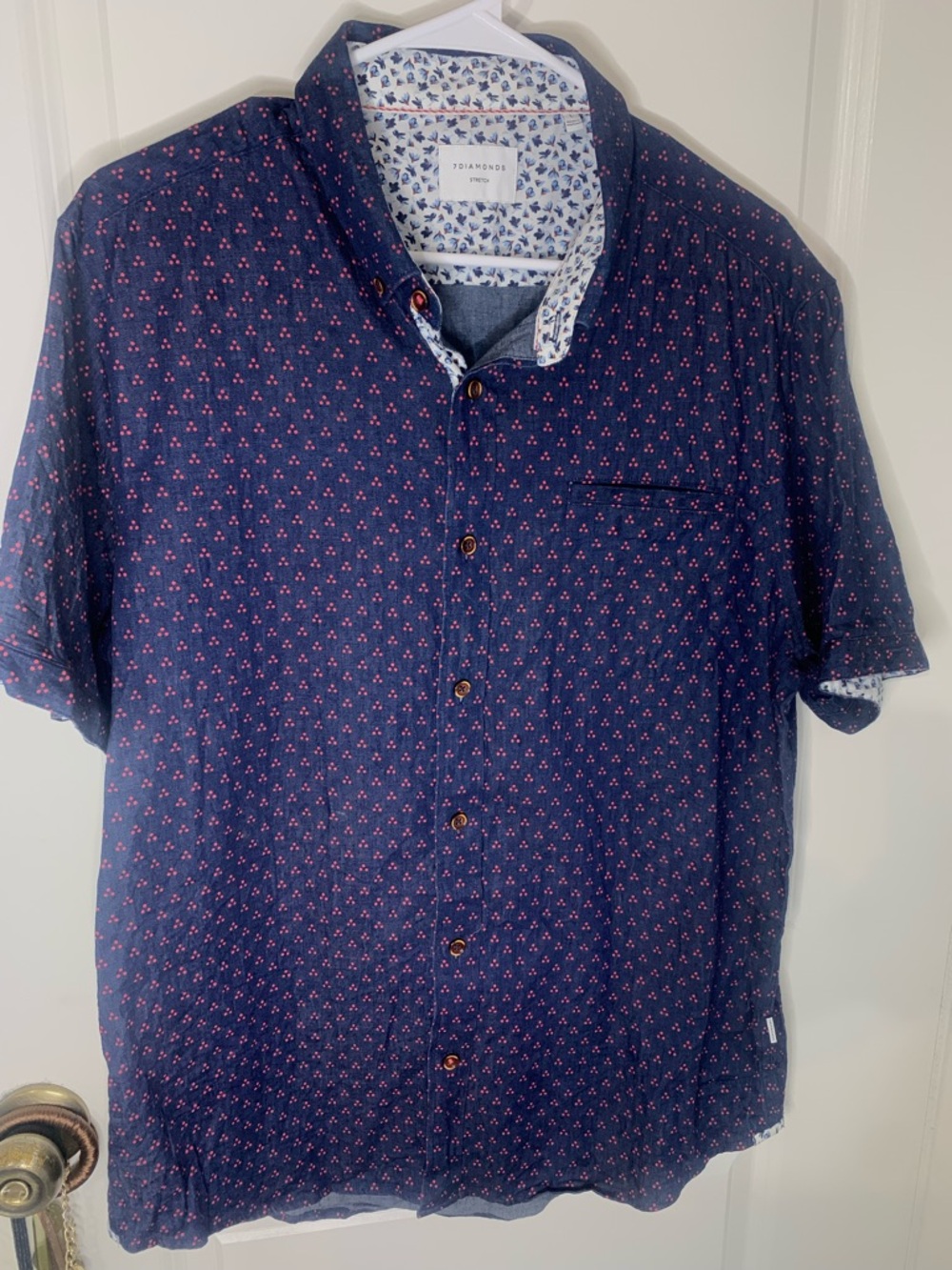 7 Diamonds Navy Short-Sleeve Button-Up Shirt with Pink Micro Print